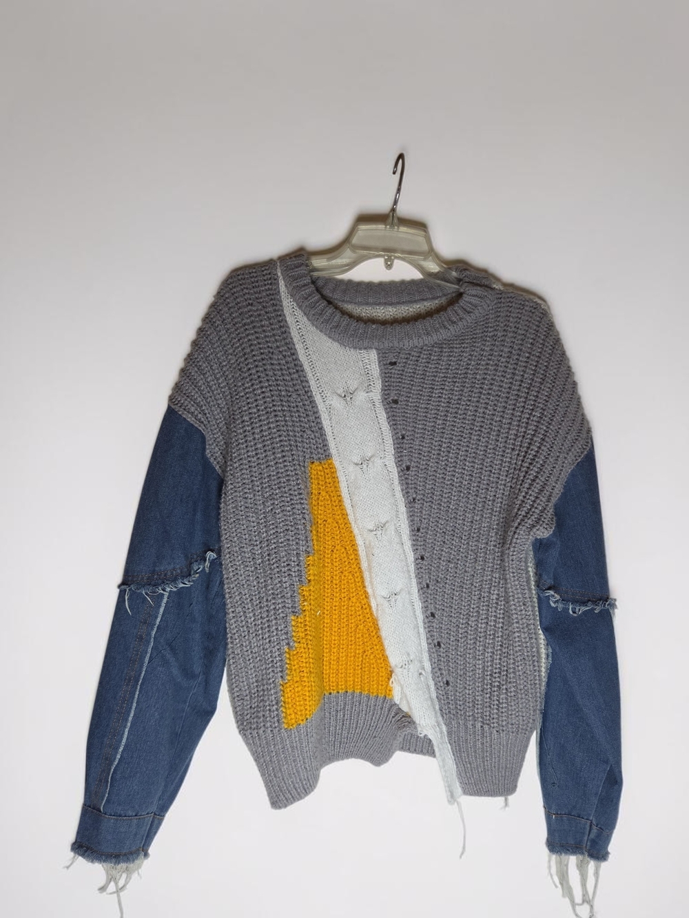 Gray & Yellow Mixed-Knit Women's Sweater with Denim Sleeves